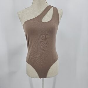 Timing Brown One-Shoulder Asymmetrical Bodysuit Women’s Size L – Minimalist Chic